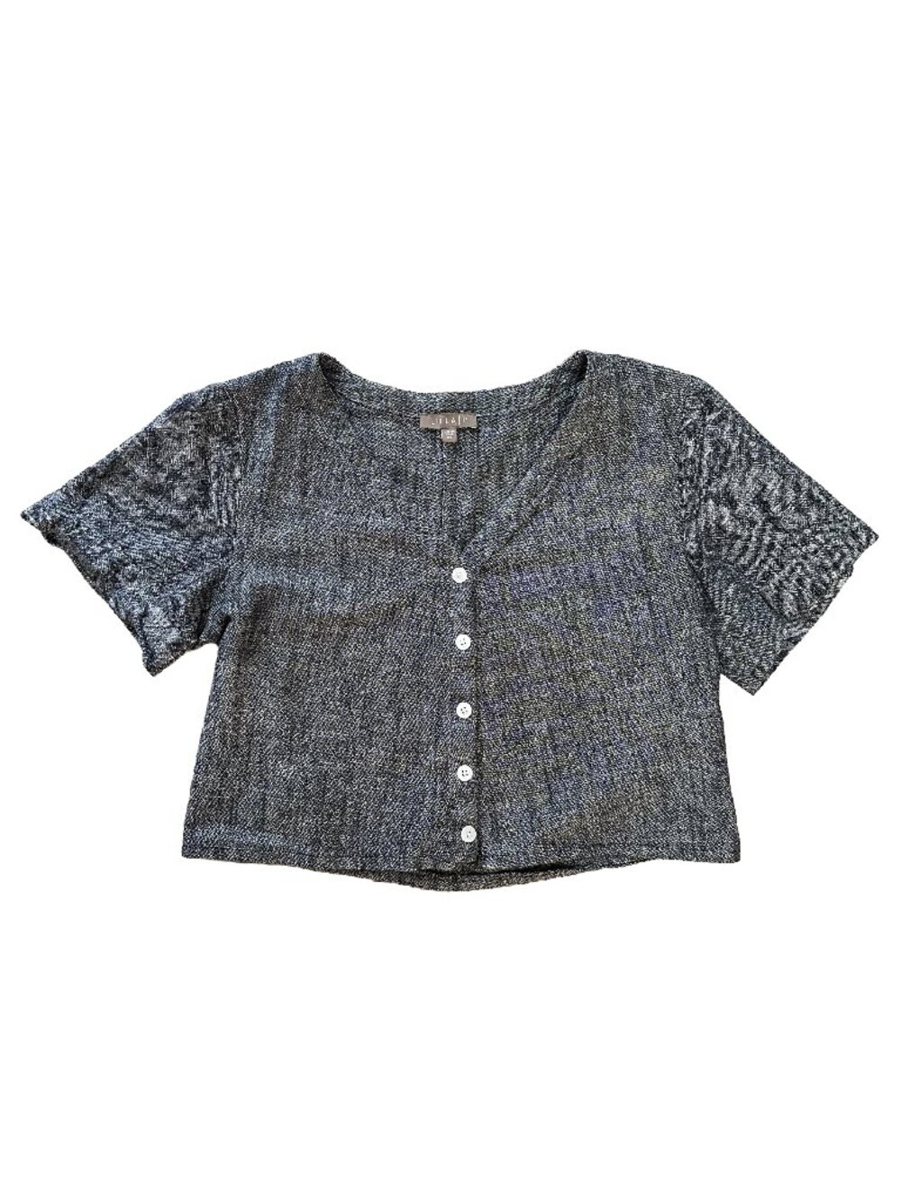 Lilla P Cropped Gray Linen Button Up Short Sleeve Shirt - XS